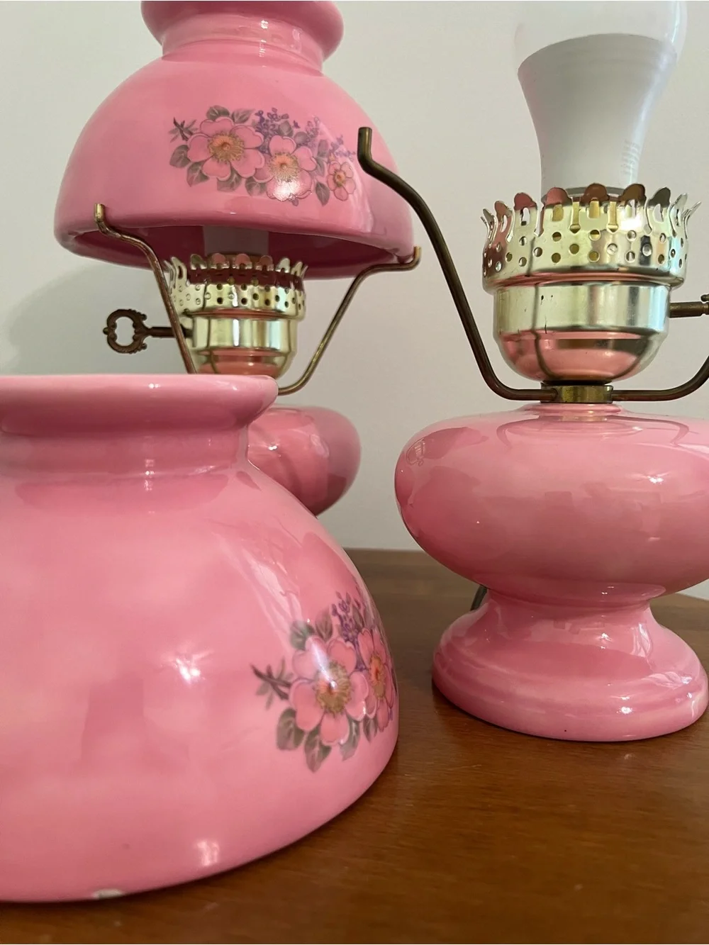 Vintage Pink Ceramic GWTW type 3-way Lamp with Floral Details-Electric-Pair